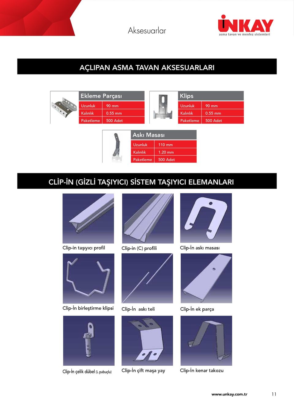 20 mm 500 Adet CLİP-İN (GİZLİ TAŞIYICI) SİSTEM TAŞIYICI ELEMANLARI Clip-in taşıyıcı profil Clip-in (C) profili Clip-İn askı masası