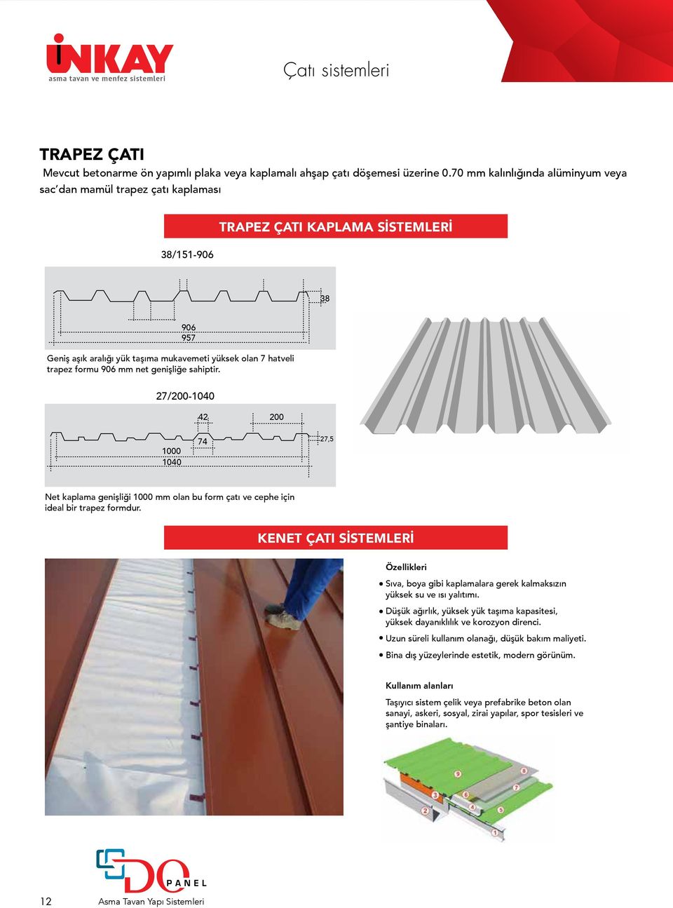 formu 906 mm net genişliğe sahiptir. 27/200-1040 42 200 1000 1040 74 27,5 Net kaplama genişliği 1000 mm olan bu form çatı ve cephe için ideal bir trapez formdur.