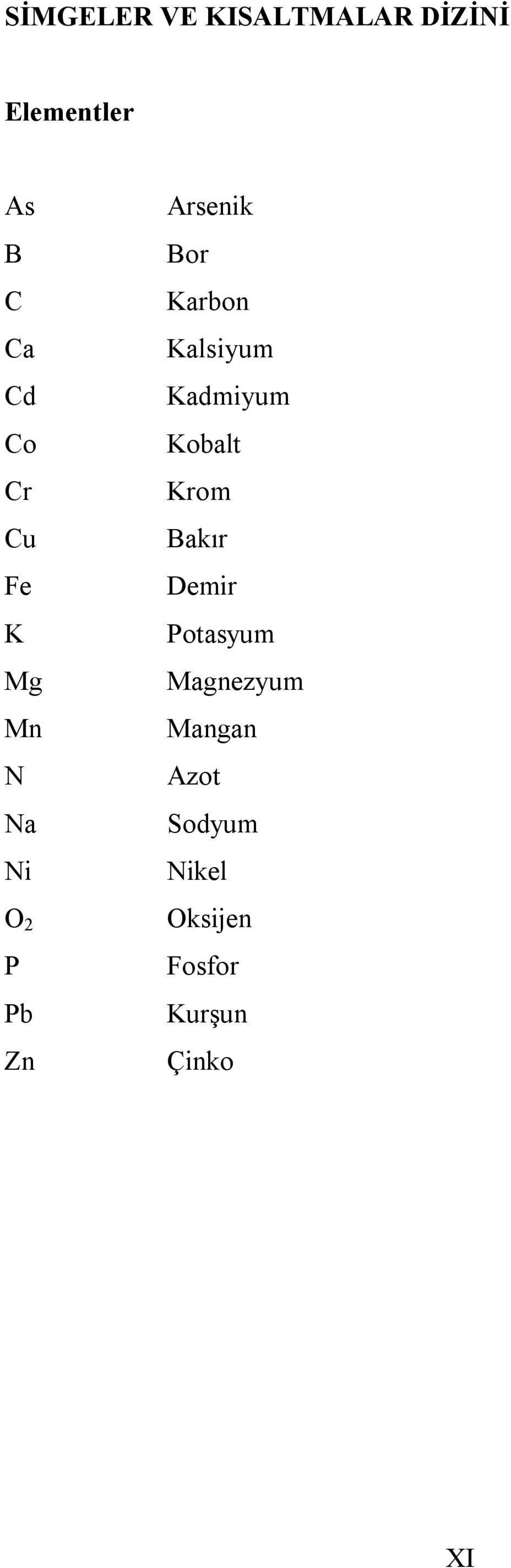 Kalsiyum Kadmiyum Kobalt Krom Bakır Demir Potasyum