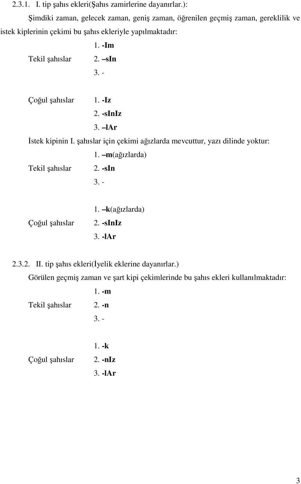 -Im Tekil şahıslar 2. sin 3. - Çoğul şahıslar 1. -Iz 2. -siniz 3. lar Đstek kipinin I. şahıslar için çekimi ağızlarda mevcuttur, yazı dilinde yoktur: 1.