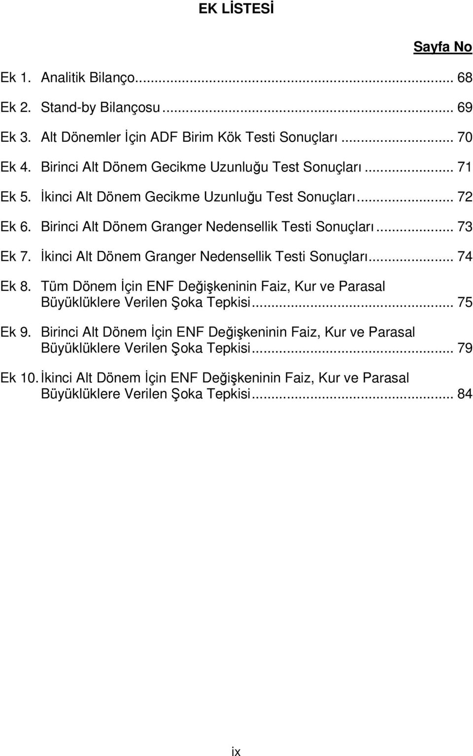 .. 73 Ek 7. İkinci Alt Dönem Granger Nedensellik Testi Sonuçları... 74 Ek 8. Tüm Dönem İçin ENF Değişkeninin Faiz, Kur ve Parasal Büyüklüklere Verilen Şoka Tepkisi... 75 Ek 9.