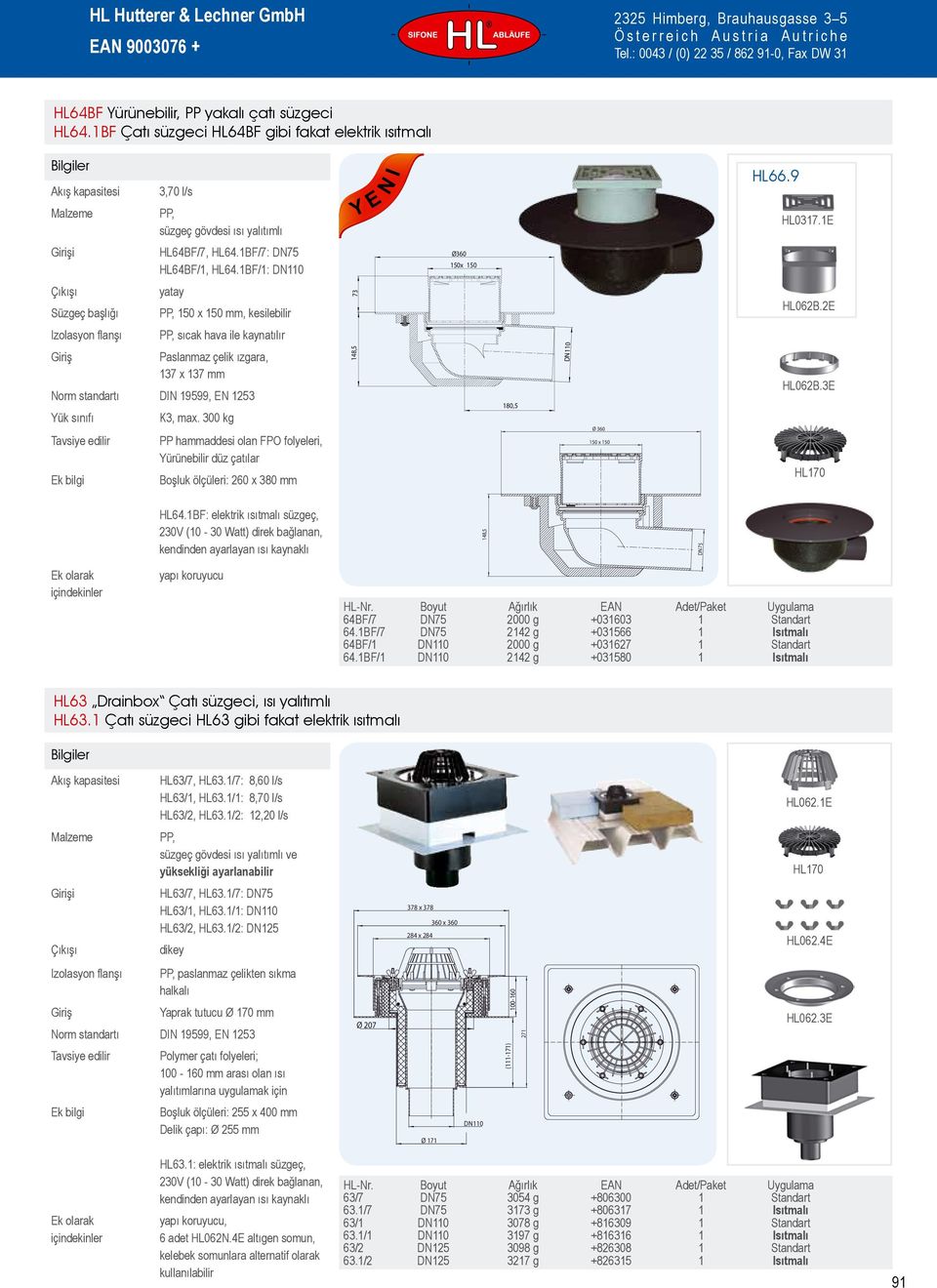 300 kg PP hammaddesi olan FPO folyeleri, Yürünebilir düz çatılar Boşluk ölçüleri: 260 x 380 mm 148,5 73 180,5 Ø 360 150 x 150 HL062B.2E HL062B.3E HL64.