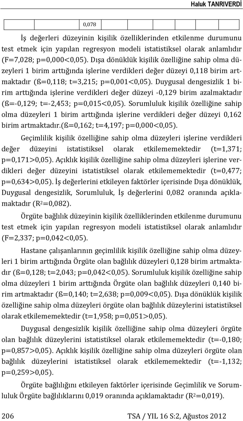 Duygusal dengesizlik 1 birim arttığında işlerine verdikleri değer düzeyi -0,129 birim azalmaktadır (ß=-0,129; t=-2,453; p=0,015<0,05).