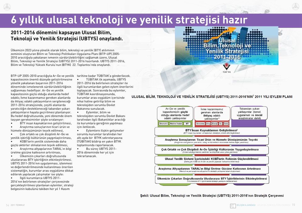 sürdürülebilirliğini sağlamak üzere, Ulusal Bilim, Teknoloji ve Yenilik Stratejisi (UBTYS) 2011-2016 hazırlandı. UBTYS 2011-2016, Bilim ve Teknoloji Yüksek Kurulu nun (BTYK) 22.