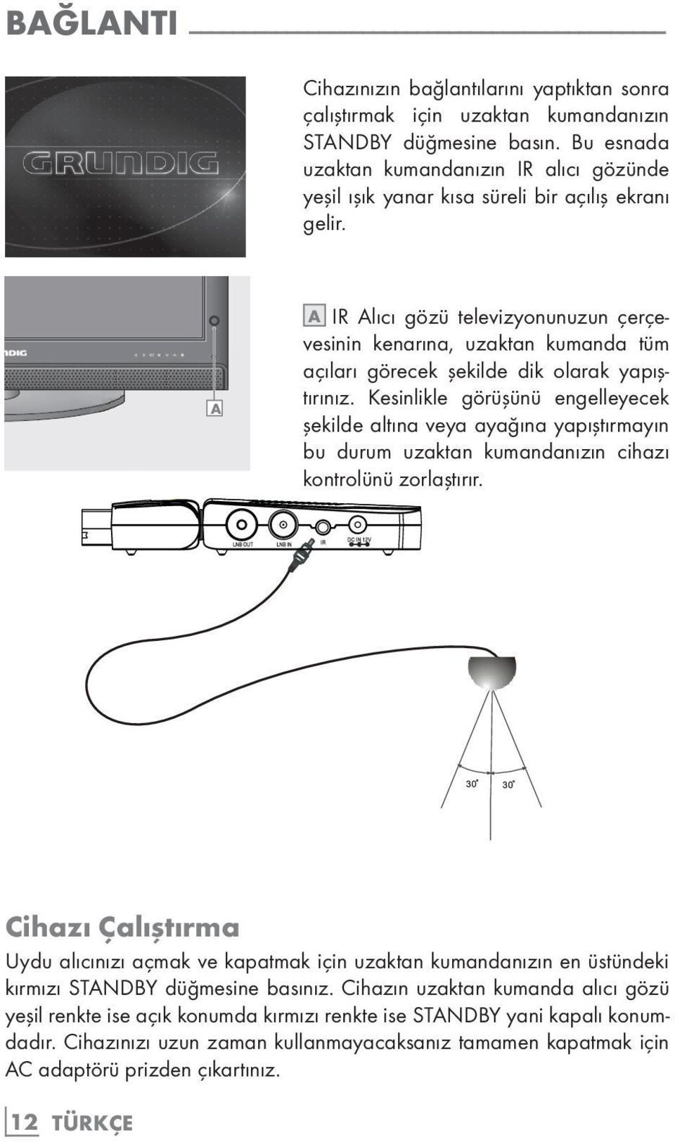 A A IR Alıcı gözü televizyonunuzun çerçevesinin kenarına, uzaktan kumanda tüm açıları görecek şekilde dik olarak yapıştırınız.