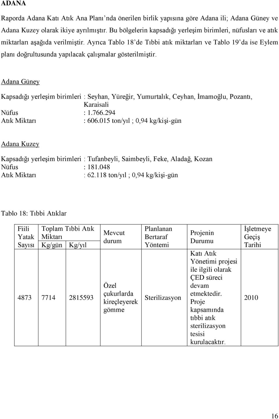 Ayrıca Tablo 18 de Tıbbi atık miktarları ve Tablo 19 da ise Eylem planı doğrultusunda yapılacak çalışmalar gösterilmiştir.