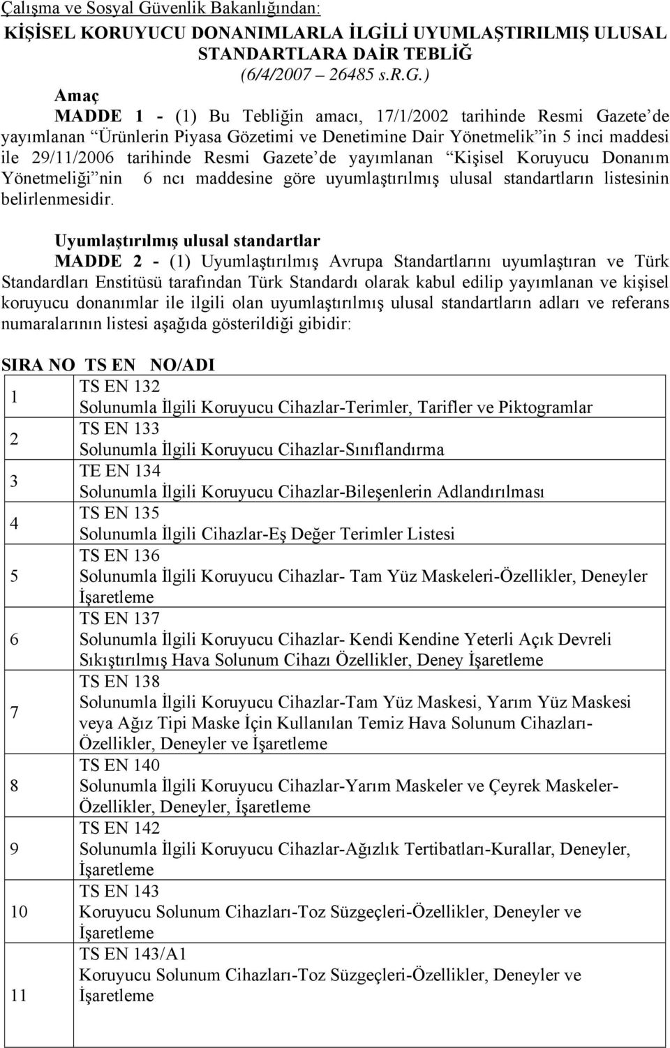 de yayımlanan Kişisel Koruyucu Donanım Yönetmeliği nin 6 ncı maddesine göre uyumlaştırılmış ulusal standartların listesinin belirlenmesidir.