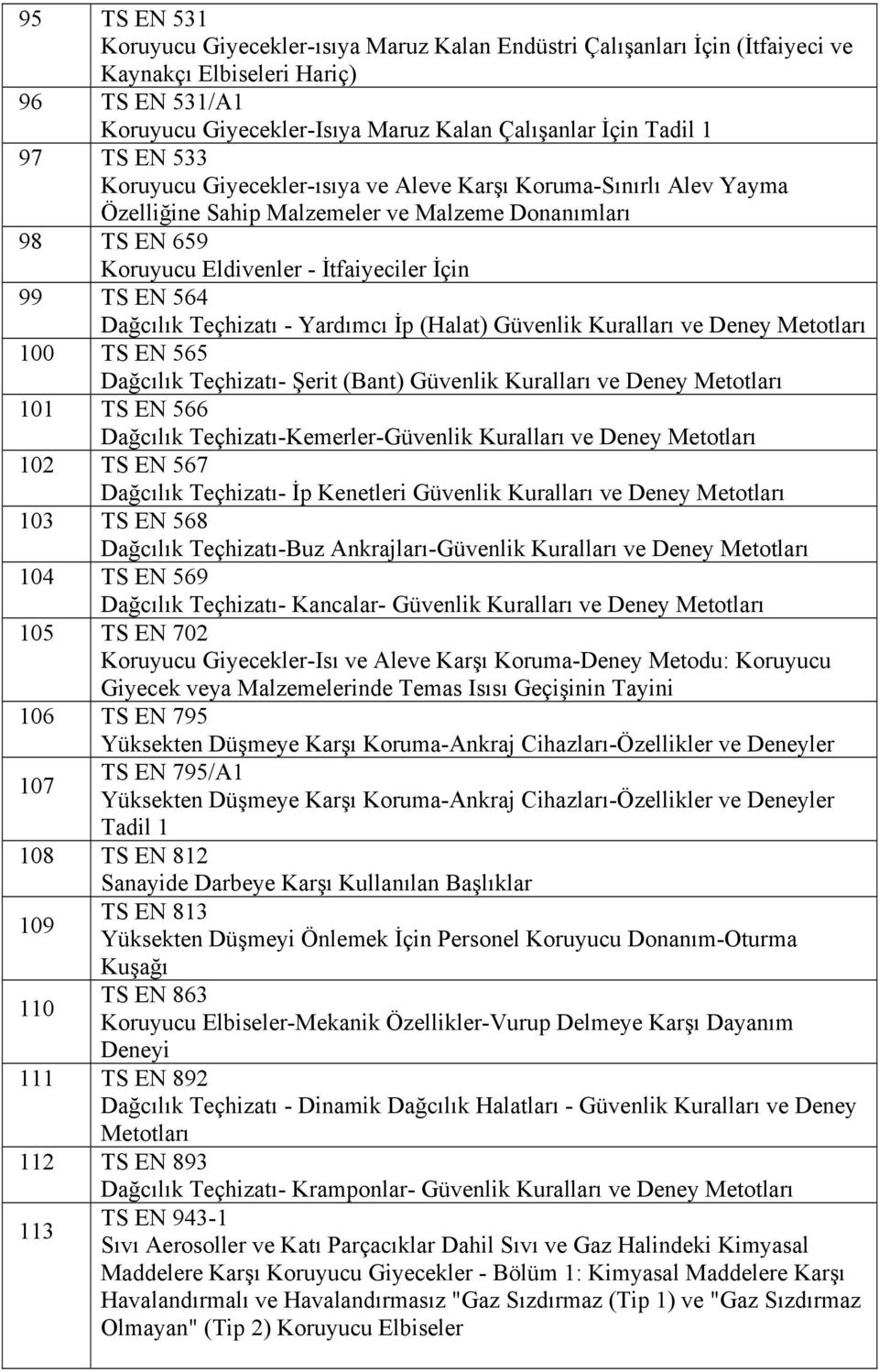 Dağcılık Teçhizatı - Yardımcı İp (Halat) Güvenlik Kuralları ve Deney Metotları 100 TS EN 565 Dağcılık Teçhizatı- Şerit (Bant) Güvenlik Kuralları ve Deney Metotları 101 TS EN 566 Dağcılık