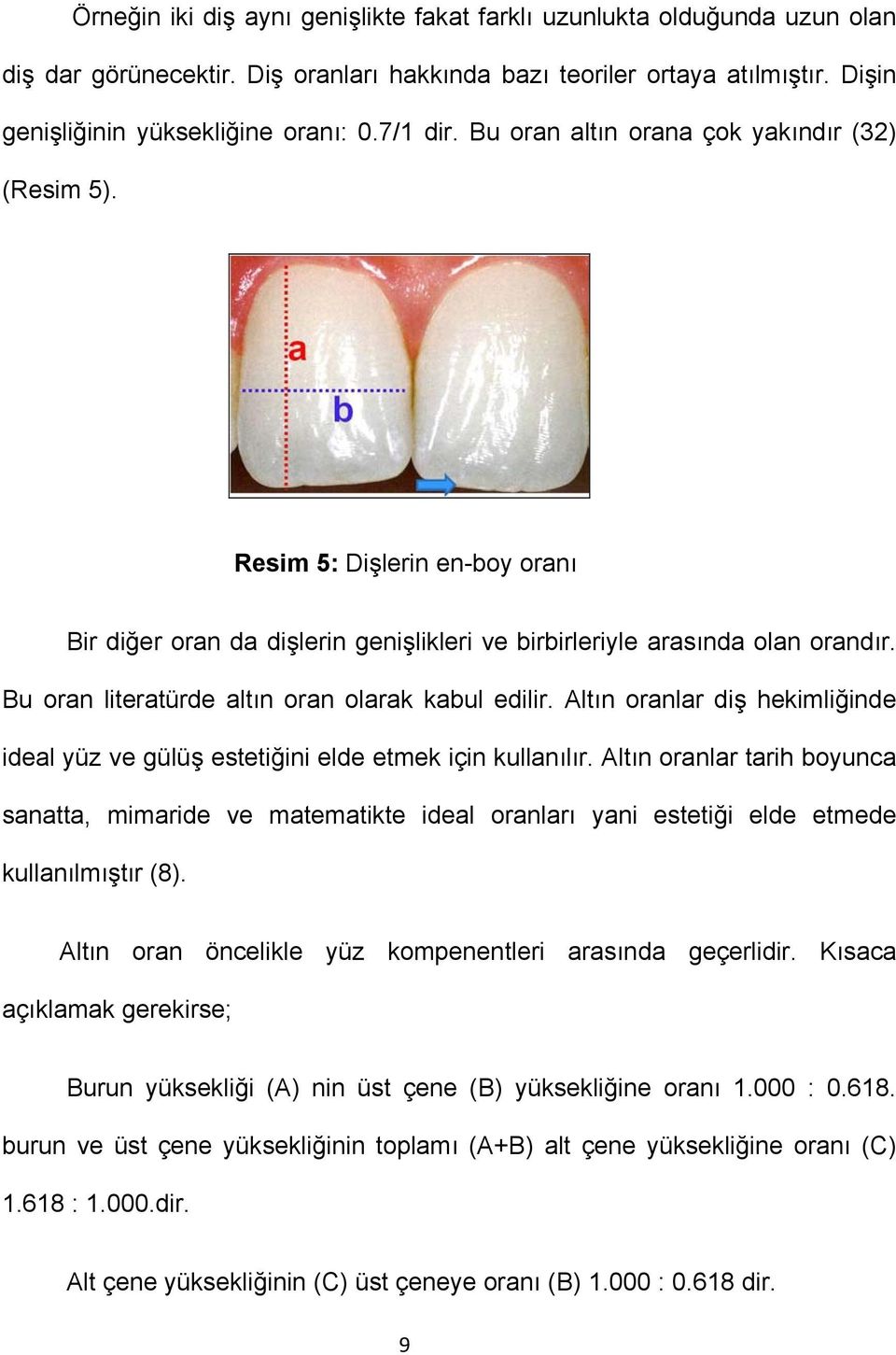 Bu oran literatürde altın oran olarak kabul edilir. Altın oranlar diş hekimliğinde ideal yüz ve gülüş estetiğini elde etmek için kullanılır.