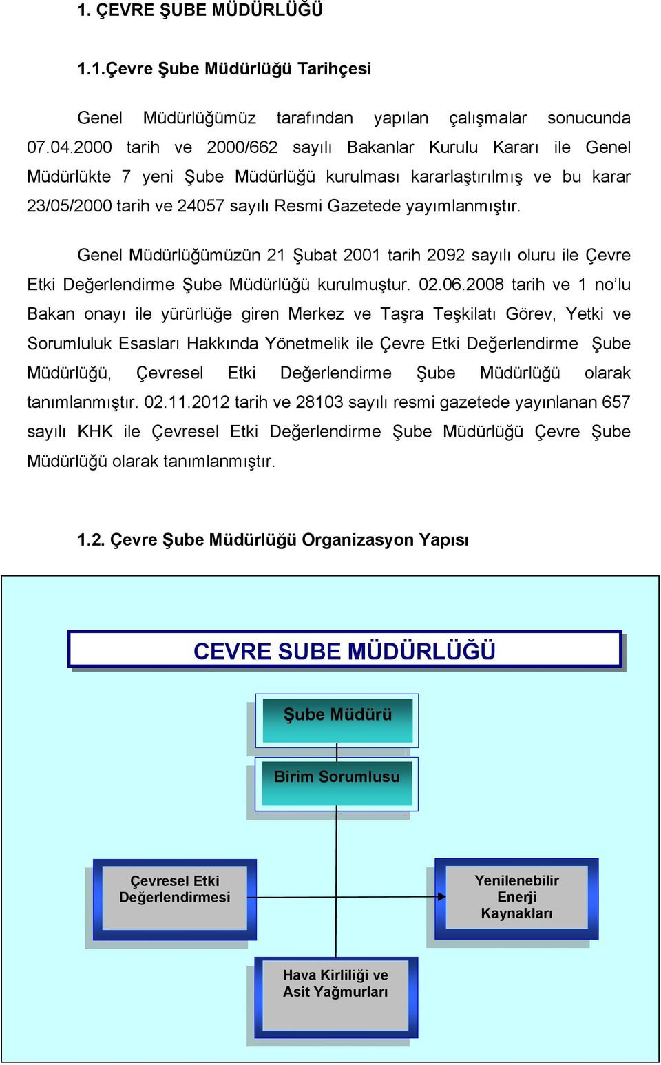 Genel Müdürlüğümüzün 21 Şubat 2001 tarih 2092 sayılı oluru ile Çevre Etki Değerlendirme Şube Müdürlüğü kurulmuştur. 02.06.