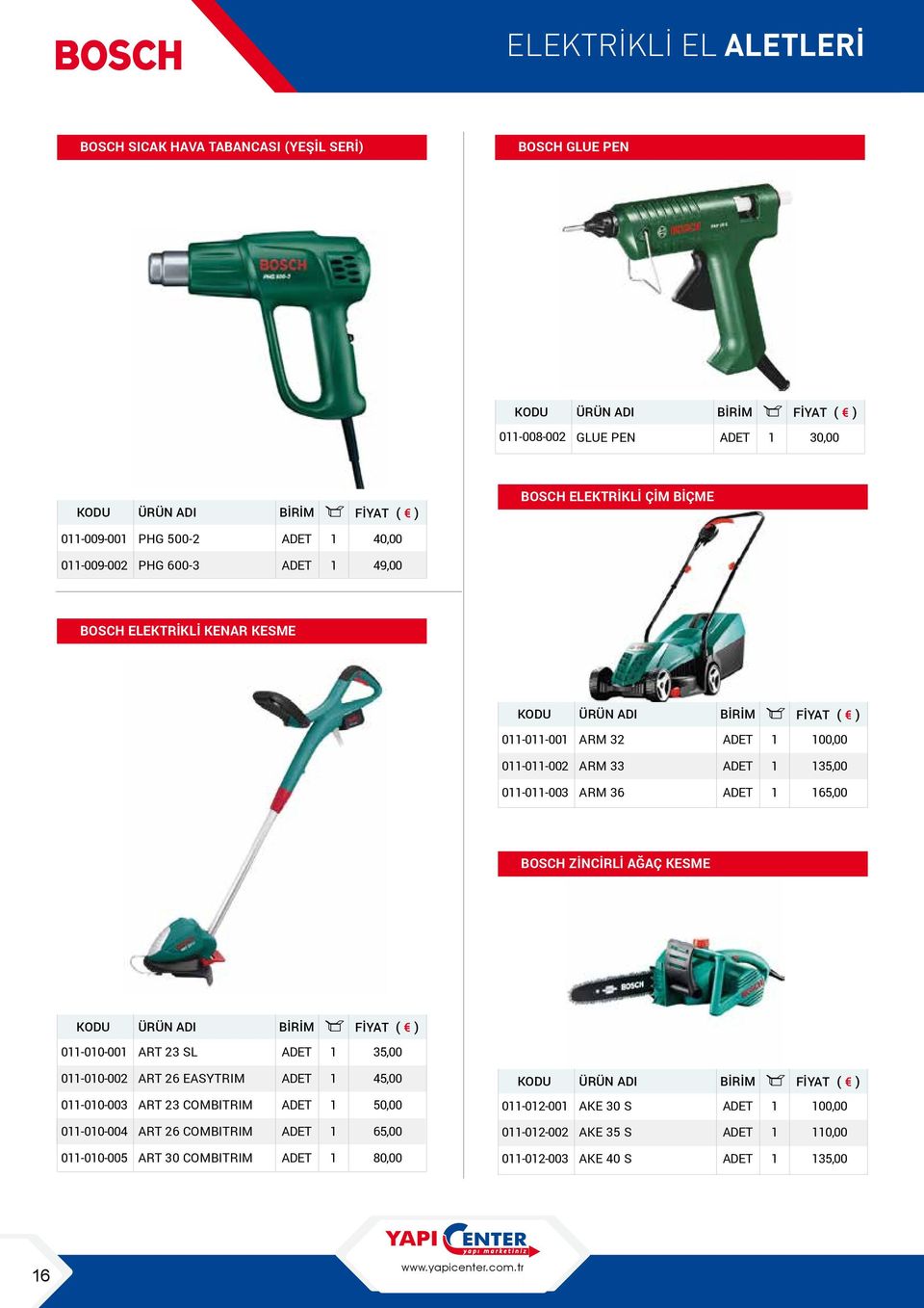 ARM 33 3,00 0-0-003 ARM 36 6,00 BOSCH ZİNCİRLİ AĞAÇ KESME FİYAT ( ) 0-00-00 ART 23 SL 3,00 0-00-002 ART 26 EASYTRIM 4,00 FİYAT ( ) 0-00-003