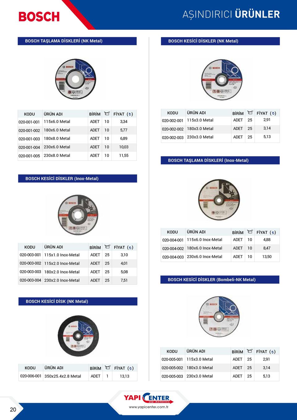 0 Metal 0, BOSCH TAŞLAMA DİSKLERİ (Inox-Metal) BOSCH KESİCİ DİSKLER (Inox-Metal) 020-004-00 x6.0 Inox-Metal 0 4,88 020-003-00 x.0 Inox-Metal 3,0 020-003-002 x2.