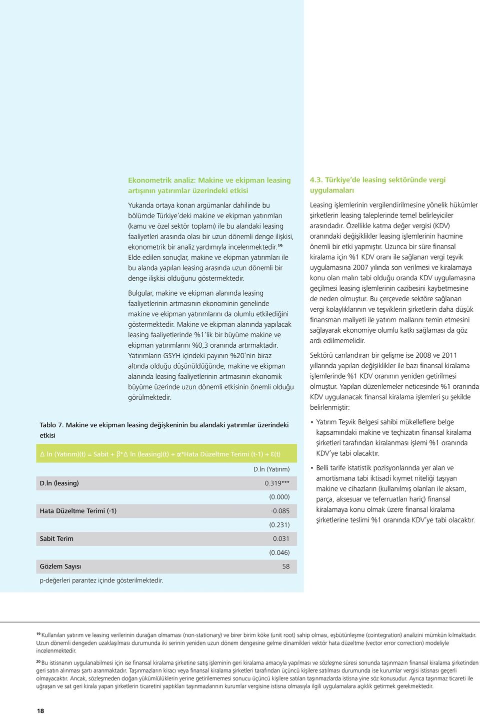 19 Elde edilen sonuçlar, makine ve ekipman yatırımları ile bu alanda yapılan leasing arasında uzun dönemli bir denge ilişkisi olduğunu göstermektedir.
