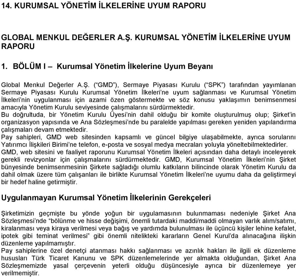 göstermekte ve söz konusu yaklaşımın benimsenmesi amacıyla Yönetim Kurulu seviyesinde çalışmalarını sürdürmektedir.