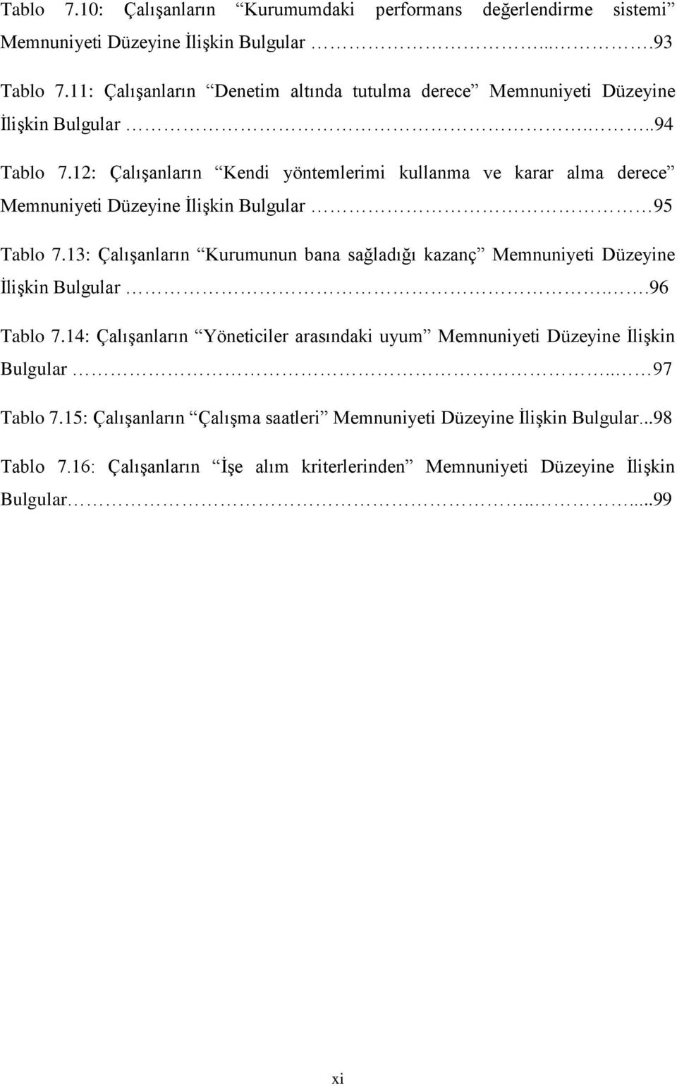 12: Çalışanların Kendi yöntemlerimi kullanma ve karar alma derece Memnuniyeti Düzeyine İlişkin Bulgular 95 Tablo 7.