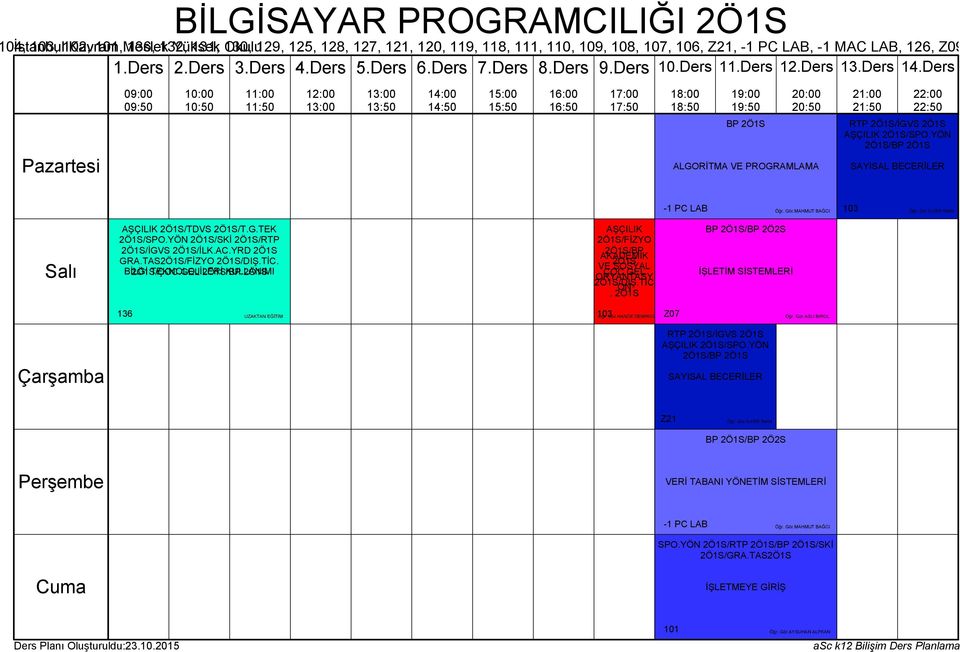 GEL 2Ö1S/DIŞ.TİC. 2Ö1S BP 2Ö1S/BP 2Ö2S İŞLETİM SİSTEMLERİ 136 UZAKTAN EĞİTİM 103 Öğr. Gör.HANDE DEMİRCİ Z07 Öğr. Gör.ASLI BİROL RTP 2Ö1S/İGVS 2Ö1S AŞÇILIK 2Ö1S/SPO.YÖN 2Ö1S/BP 2Ö1S Z21 Öğr. Gör.İLKER İNAN BP 2Ö1S/BP 2Ö2S VERİ TABANI YÖNETİM SİSTEMLERİ -1 PC LAB Öğr.