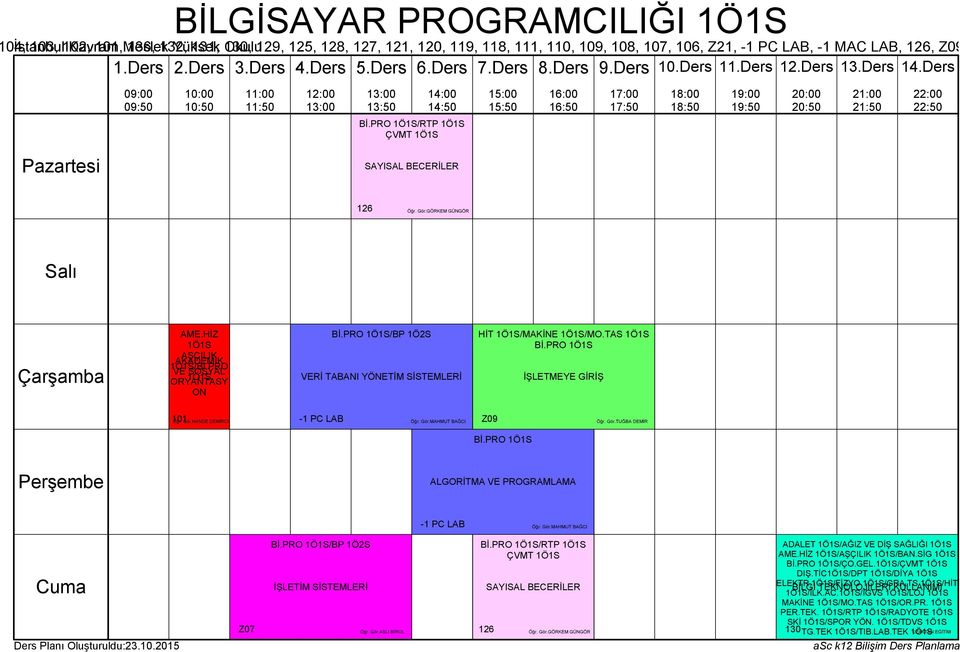 PRO /BP 1Ö2S İŞLETİM SİSTEMLERİ Öğr. Gör.ASLI BİROL Bİ.PRO /RTP ÇVMT 126 Öğr. Gör.GÖRKEM GÜNGÖR ADALET /AĞIZ VE DİŞ SAĞLIĞI AME.HİZ /AŞÇILIK /BAN.SİG Bİ.PRO /ÇO.GEL./ÇVMT DIŞ.