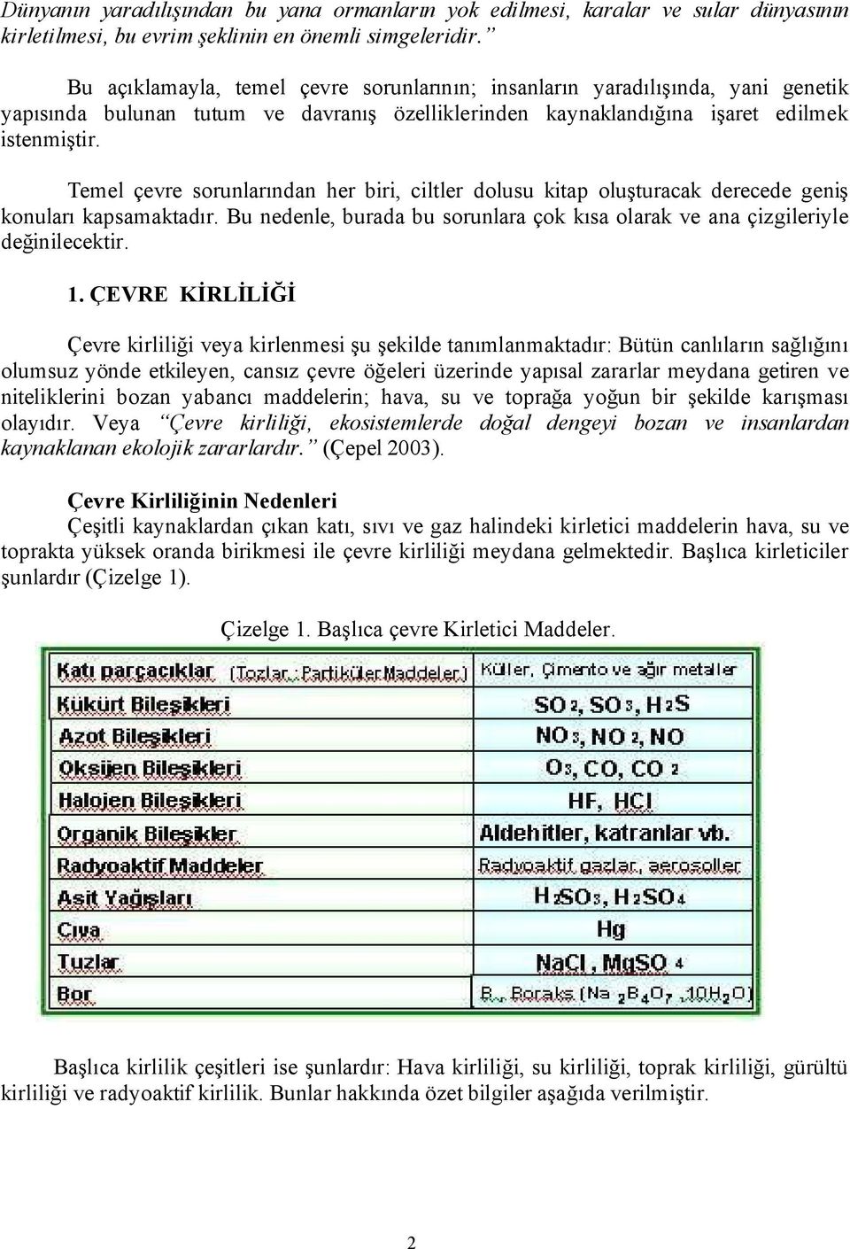 Temel çevre sorunlarından her biri, ciltler dolusu kitap oluşturacak derecede geniş konuları kapsamaktadır. Bu nedenle, burada bu sorunlara çok kısa olarak ve ana çizgileriyle değinilecektir. 1.