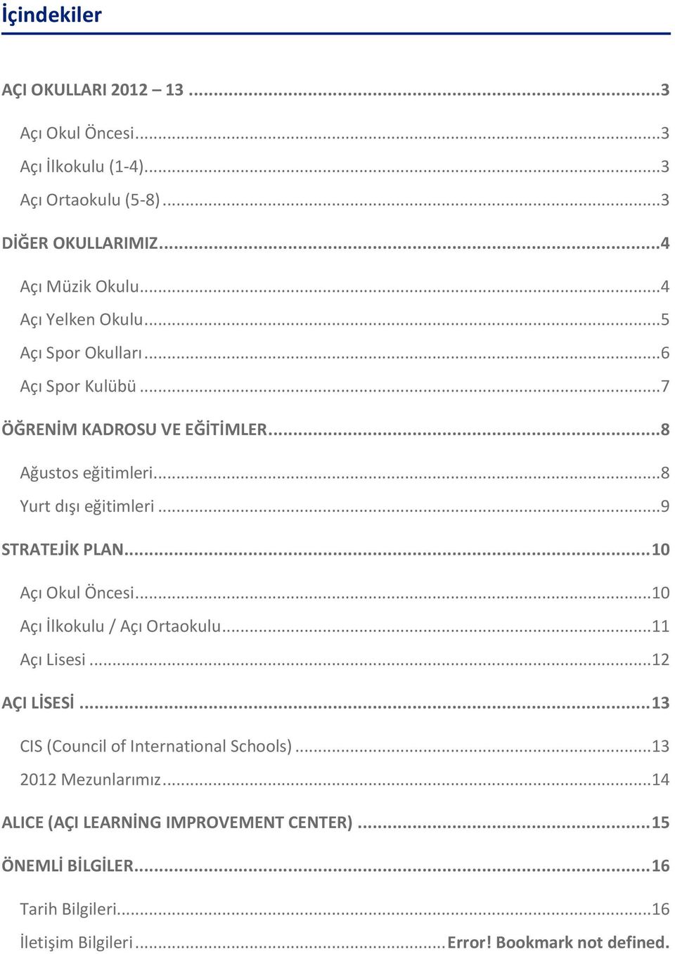 .. 9 STRATEJİK PLAN... 10 Açı Okul Öncesi...10 Açı İlkokulu / Açı Ortaokulu...11 Açı Lisesi...12 AÇI LİSESİ... 13 CIS (Council of International Schools).