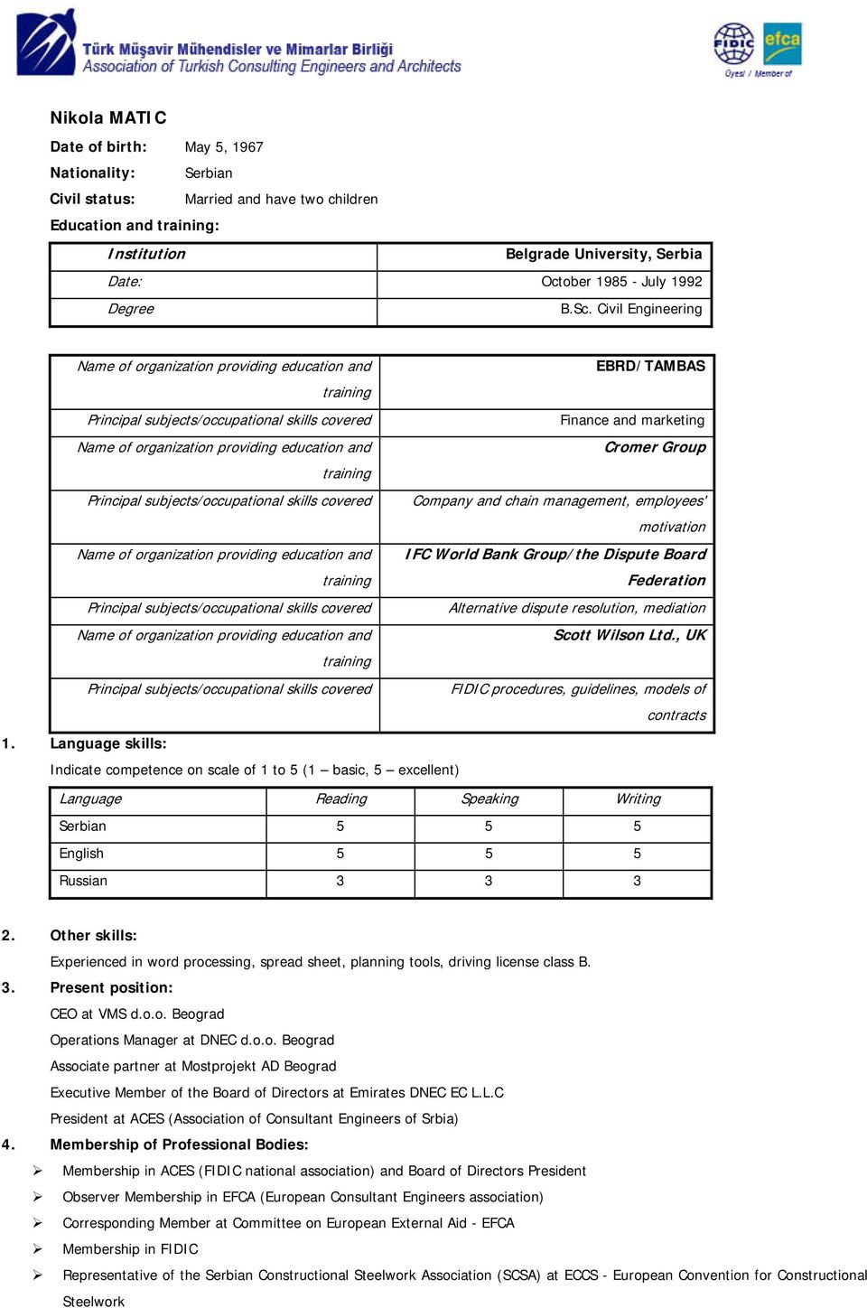 Civil Engineering Name of organization providing education and training Principal subjects/occupational skills covered Name of organization providing education and training Principal