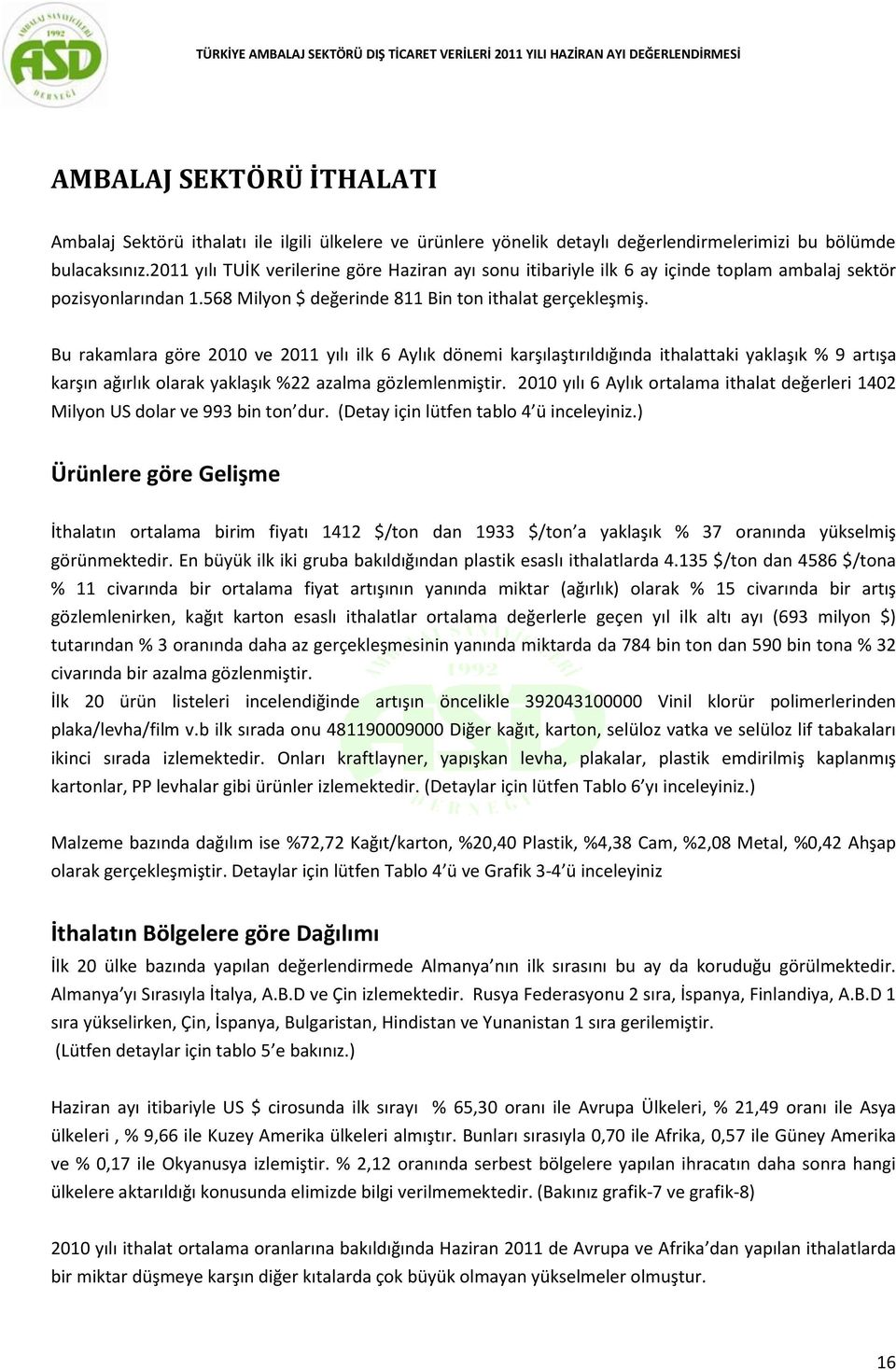 Bu rakamlara göre 2010 ve 2011 yılı ilk 6 Aylık dönemi karşılaştırıldığında ithalattaki yaklaşık % 9 artışa karşın ağırlık olarak yaklaşık %22 azalma gözlemlenmiştir.