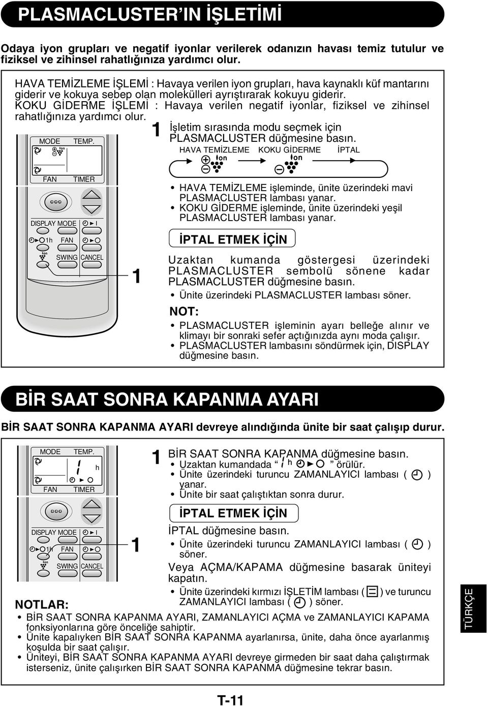 KOKU G DERME ΩLEM : Havaya verilen negatif iyonlar, fiziksel ve zihinsel rahatlıπınıza yardımcı olur. µletim sırasında modu seçmek için MODE TEMP. PLASMACLUSTER dü mesine basın.