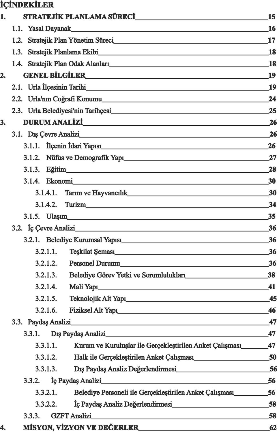 1.4. Ekonomi 30 3.1.4.1. Tarım ve Hayvancılık 30 3.1.4.2. Turizm 34 3.1.5. Ulaşım 35 3.2. İç Çevre Analizi 36 3.2.1. Belediye Kurumsal Yapısı 36 3.2.1.1. Teşkilat Şeması 36 3.2.1.2. Personel Durumu 36 3.