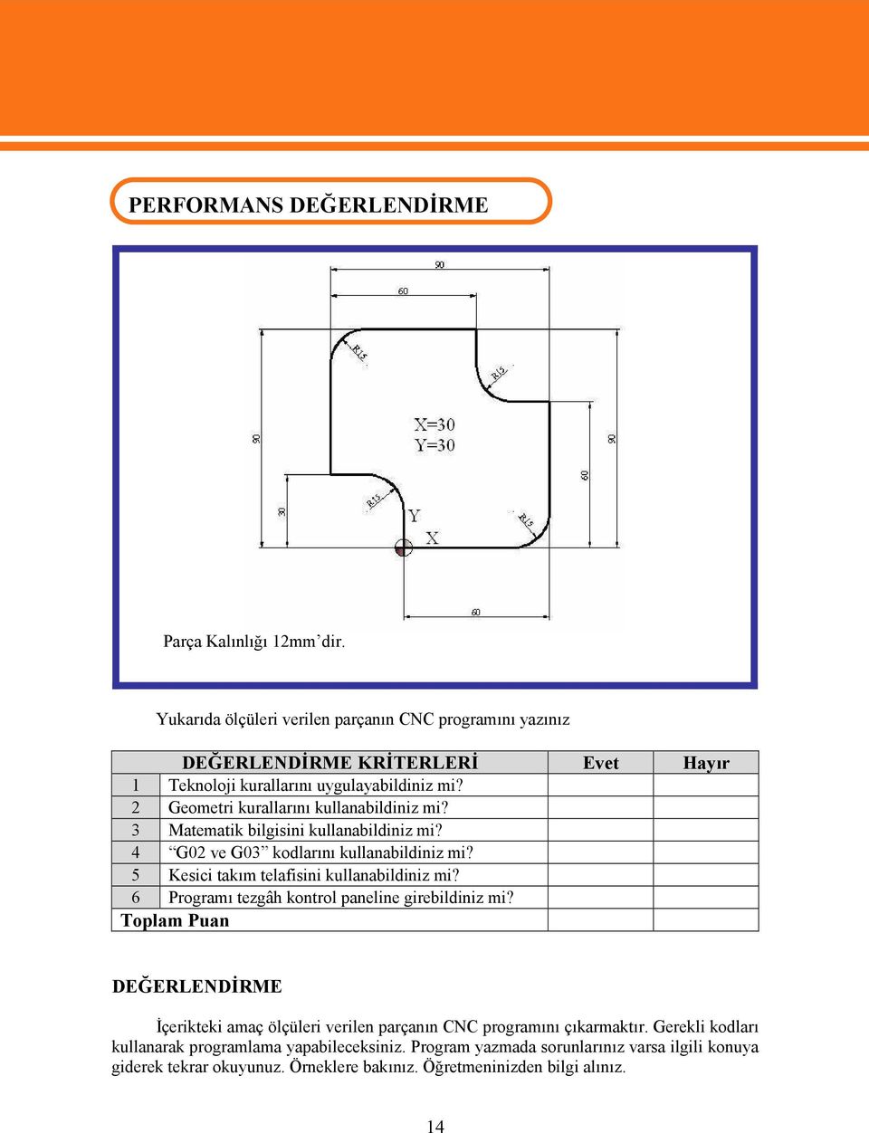 2 Geometri kurallarını kullanabildiniz mi? 3 Matematik bilgisini kullanabildiniz mi? 4 G02 ve G03 kodlarını kullanabildiniz mi? 5 Kesici takım telafisini kullanabildiniz mi?