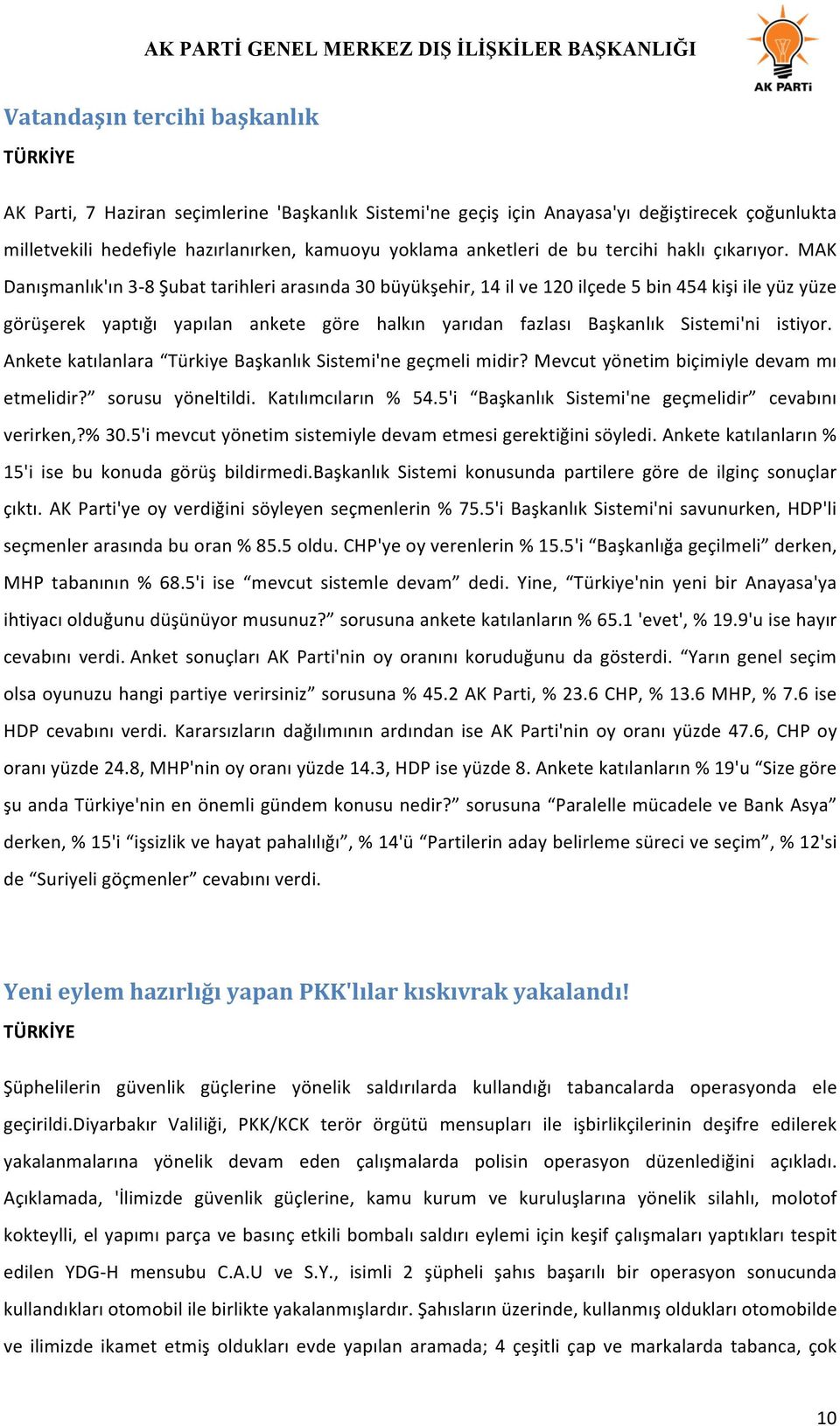 MAK Danışmanlık'ın 3-8 Şubat tarihleri arasında 30 büyükşehir, 14 il ve 120 ilçede 5 bin 454 kişi ile yüz yüze görüşerek yaptığı yapılan ankete göre halkın yarıdan fazlası Başkanlık Sistemi'ni