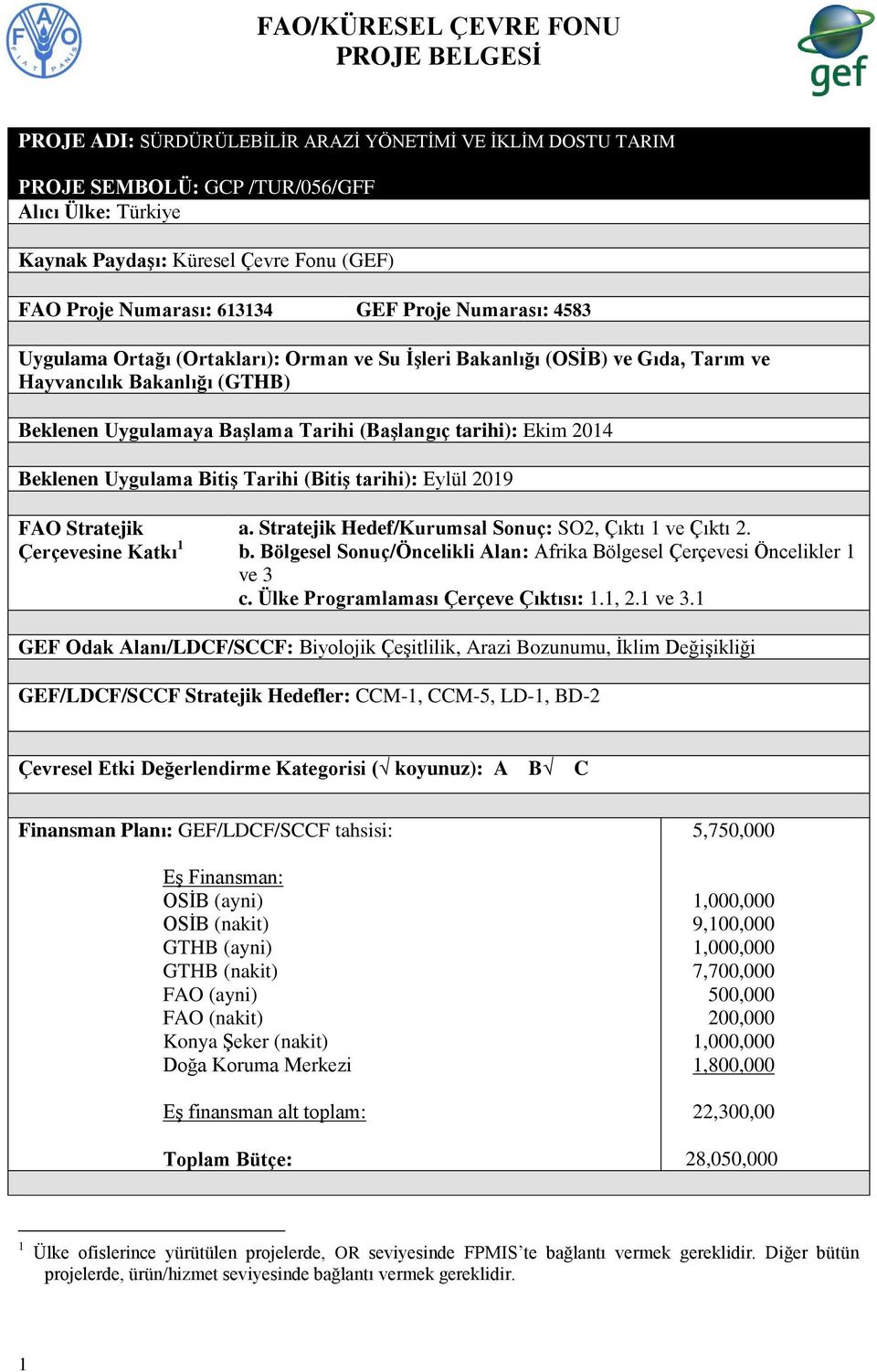 (Başlangıç tarihi): Ekim 2014 Beklenen Uygulama Bitiş Tarihi (Bitiş tarihi): Eylül 2019 FAO Stratejik a. Stratejik Hedef/Kurumsal Sonuç: SO2, Çıktı 1 ve Çıktı 2. Çerçevesine Katkı 1 b.
