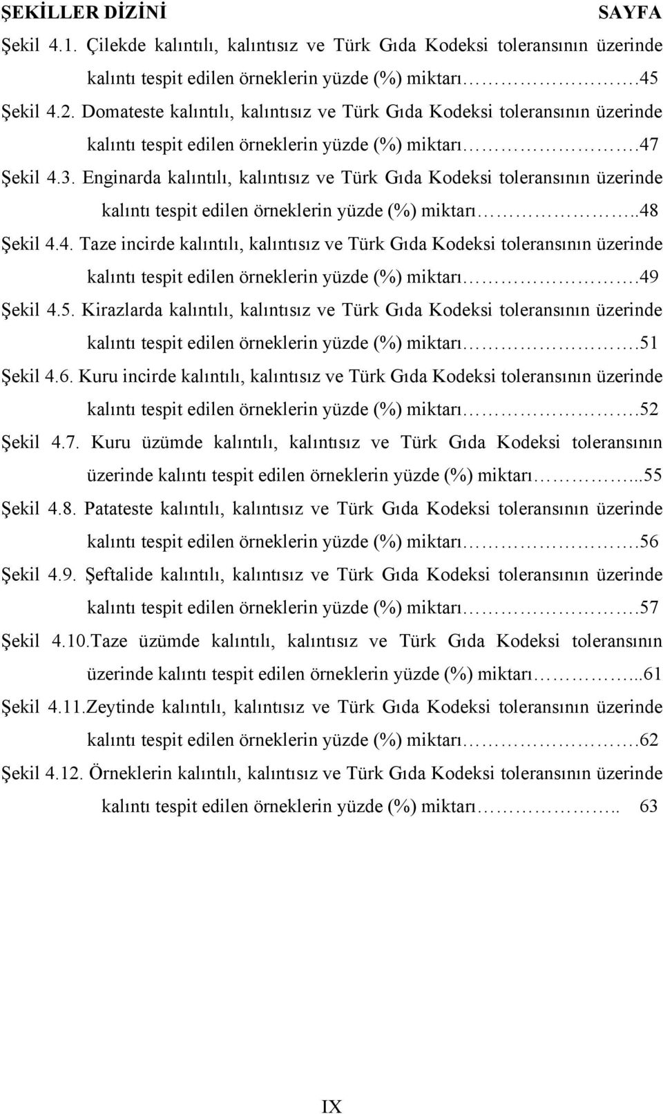 Enginarda kalıntılı, kalıntısız ve Türk Gıda Kodeksi toleransının üzerinde kalıntı tespit edilen örneklerin yüzde (%) miktarı..48