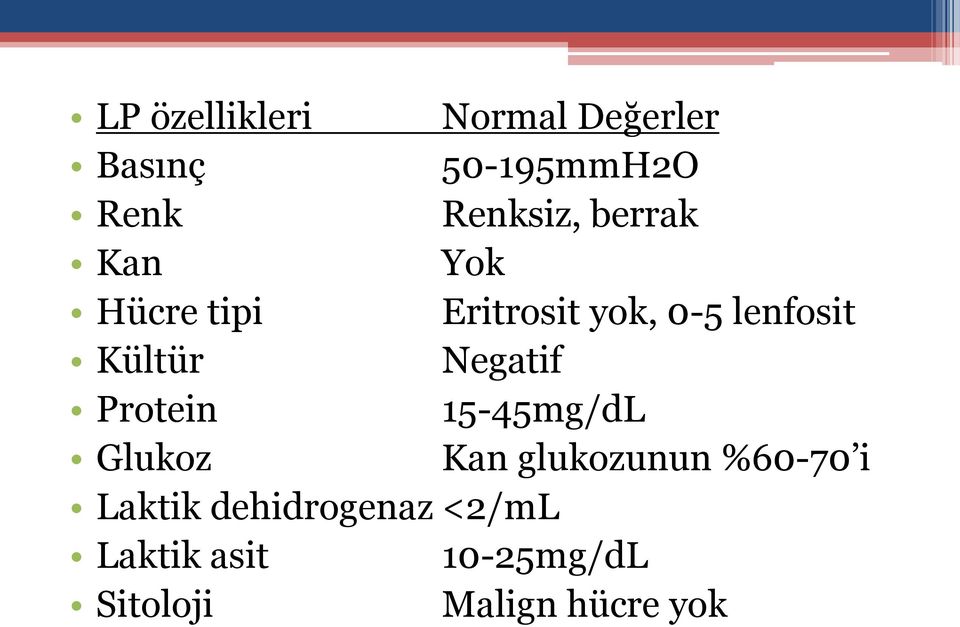 Negatif Protein 15-45mg/dL Glukoz Kan glukozunun %60-70 i Laktik