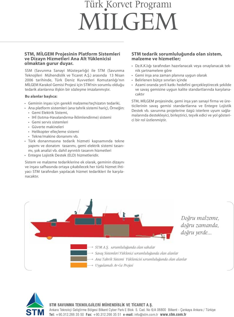 ) arasında 13 Nisan 2006 tarihinde, Türk Deniz Kuvvetleri Komutanlığı nın MİLGEM Karakol Gemisi Projesi için STM nin sorumlu olduğu tedarik alanlarına ilişkin bir sözleşme imzalanmıştır.