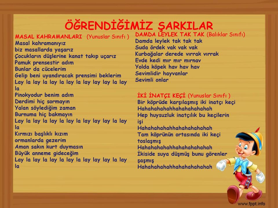 lay lay la lay la Kırmızı başlıklı kızım ormanlarda gezerim Aman sakın kurt duymasın Büyük anneme gideceğim Lay la lay la lay la lay la lay lay lay la lay la DAMDA LEYLEK TAK TAK (Balıklar Sınıfı)