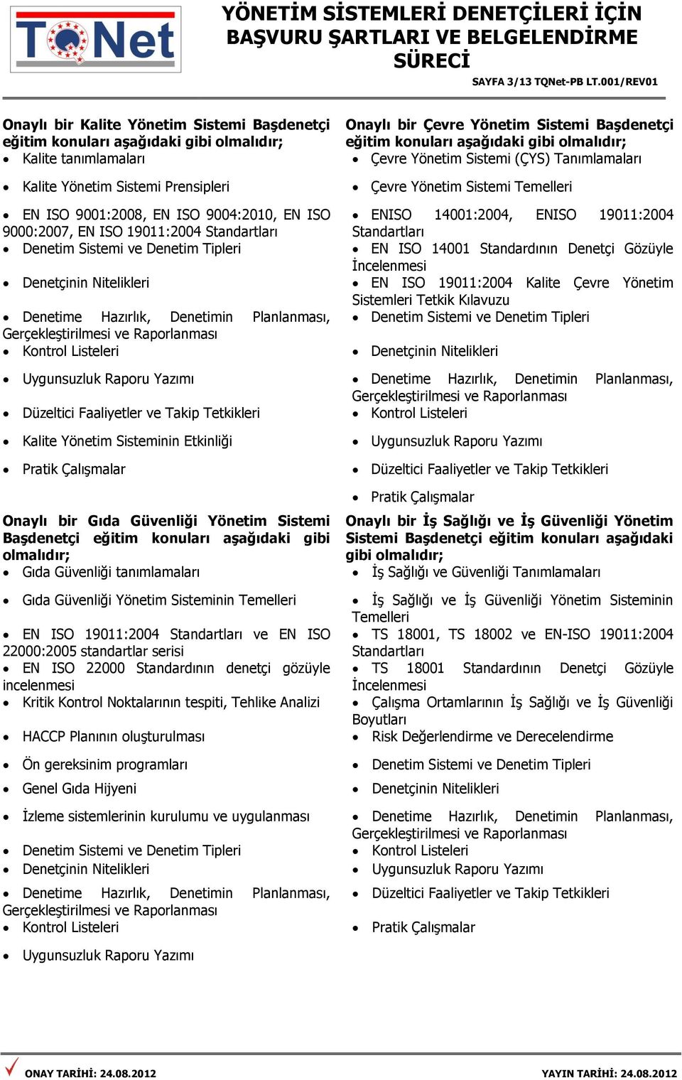 9000:2007, EN ISO 19011:2004 Standartları Denetim Sistemi ve Denetim Tipleri Denetçinin Nitelikleri Denetime Hazırlık, Denetimin Planlanması, Gerçekleştirilmesi ve Raporlanması Kontrol Listeleri