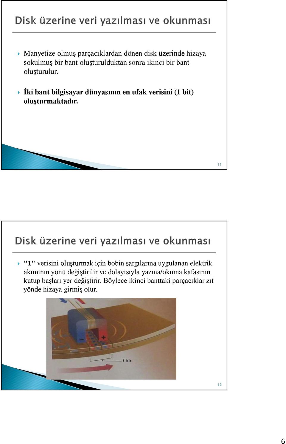 11 "1" verisini oluşturmak için bobin sargılarına uygulanan elektrik akımının yönü değiştirilir ve