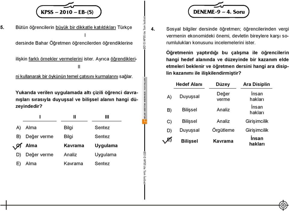 I II III A) Alma Bilgi Sentez B) Değer verme Bilgi Sentez C) Alma Kavrama Uygulama D) Değer verme Analiz Uygulama E) Alma Kavrama Sentez II I 4.