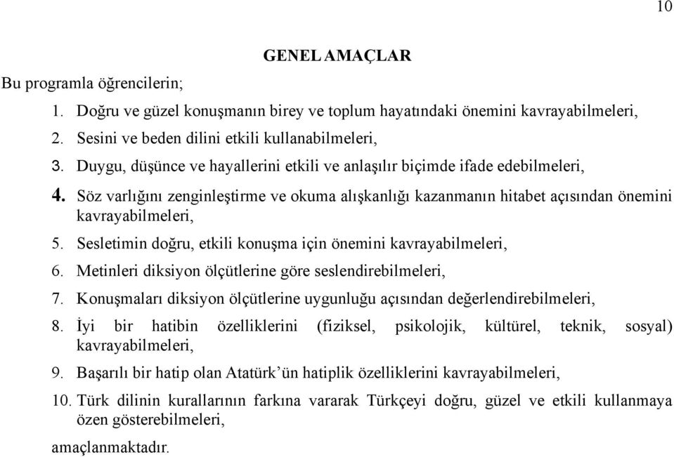 Sesletimin doğru, etkili konuşma için önemini kavrayabilmeleri, 6. Metinleri diksiyon ölçütlerine göre seslendirebilmeleri, 7.