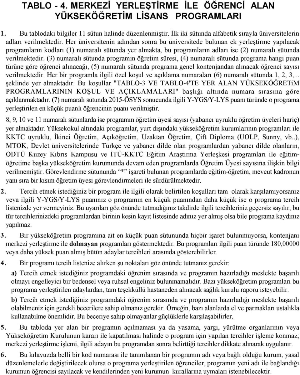 Her üniversitenin adından sonra bu üniversitede bulunan ek yerleştirme yapılacak programların kodları (1) numaralı sütunda yer almakta, bu programların adları ise (2) numaralı sütunda verilmektedir.