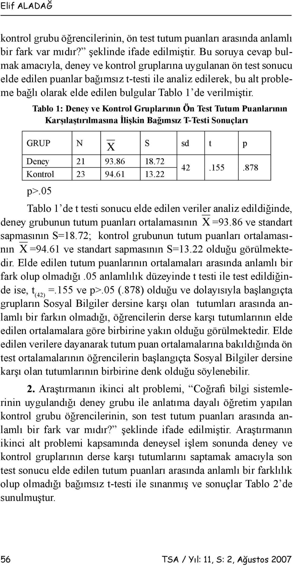 1 de verilmiştir. Tablo 1: Deney ve Kontrol Gruplarının Ön Test Tutum Puanlarının Karşılaştırılmasına İlişkin Bağımsız T-Testi Sonuçları GRUP N Χ S sd t p Deney 21 93.86 18.72 Kontrol 23 94.61 13.