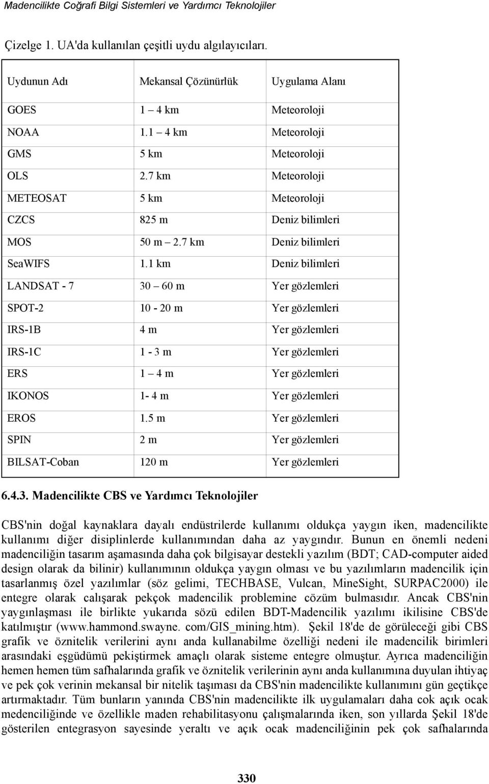 1 km Deniz bilimleri LANDSAT - 7 30 60 m Yer gözlemleri SPOT-2 10-20 m Yer gözlemleri IRS-1B 4 m Yer gözlemleri IRS-1C 1-3 m Yer gözlemleri ERS 1 4 m Yer gözlemleri IKONOS 1-4 m Yer gözlemleri EROS 1.