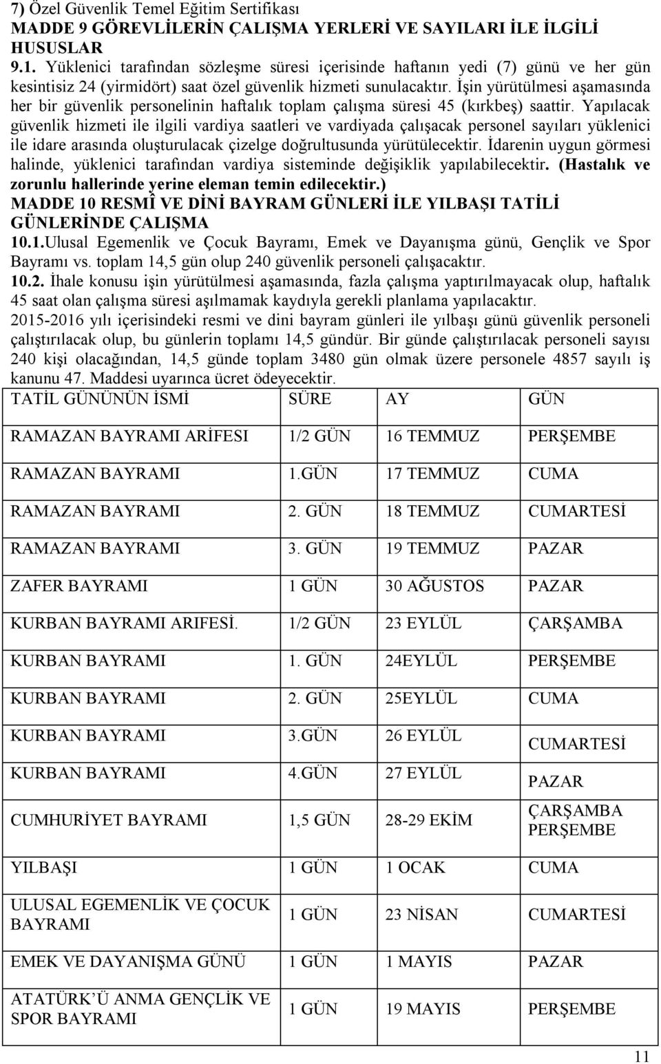 İşin yürütülmesi aşamasında her bir güvenlik personelinin haftalık toplam çalışma süresi 45 (kırkbeş) saattir.