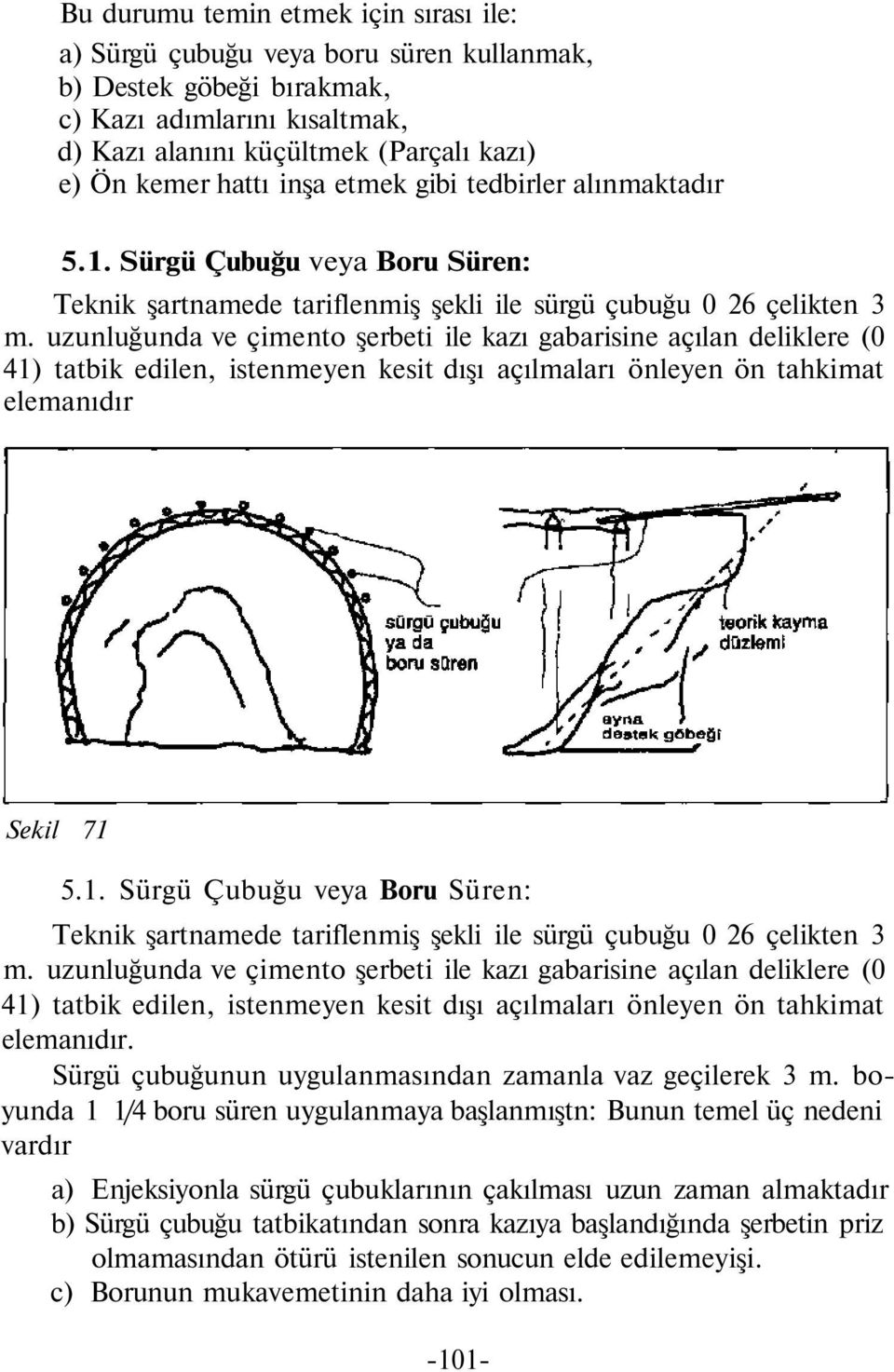 uzunluğunda ve çimento şerbeti ile kazı gabarisine açılan deliklere (0 41) tatbik edilen, istenmeyen kesit dışı açılmaları önleyen ön tahkimat elemanıdır Sekil 71 5.1. Sürgü Çubuğu veya Boru Süren: Teknik şartnamede tariflenmiş şekli ile sürgü çubuğu 0 26 çelikten 3 m.