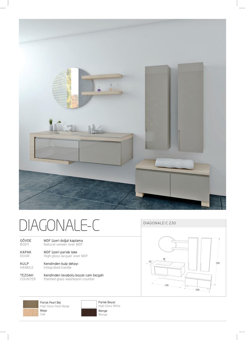 kulp detayı Integrated handle Kendinden lavabolu boyalı cam tezgah Painted glass washbasin