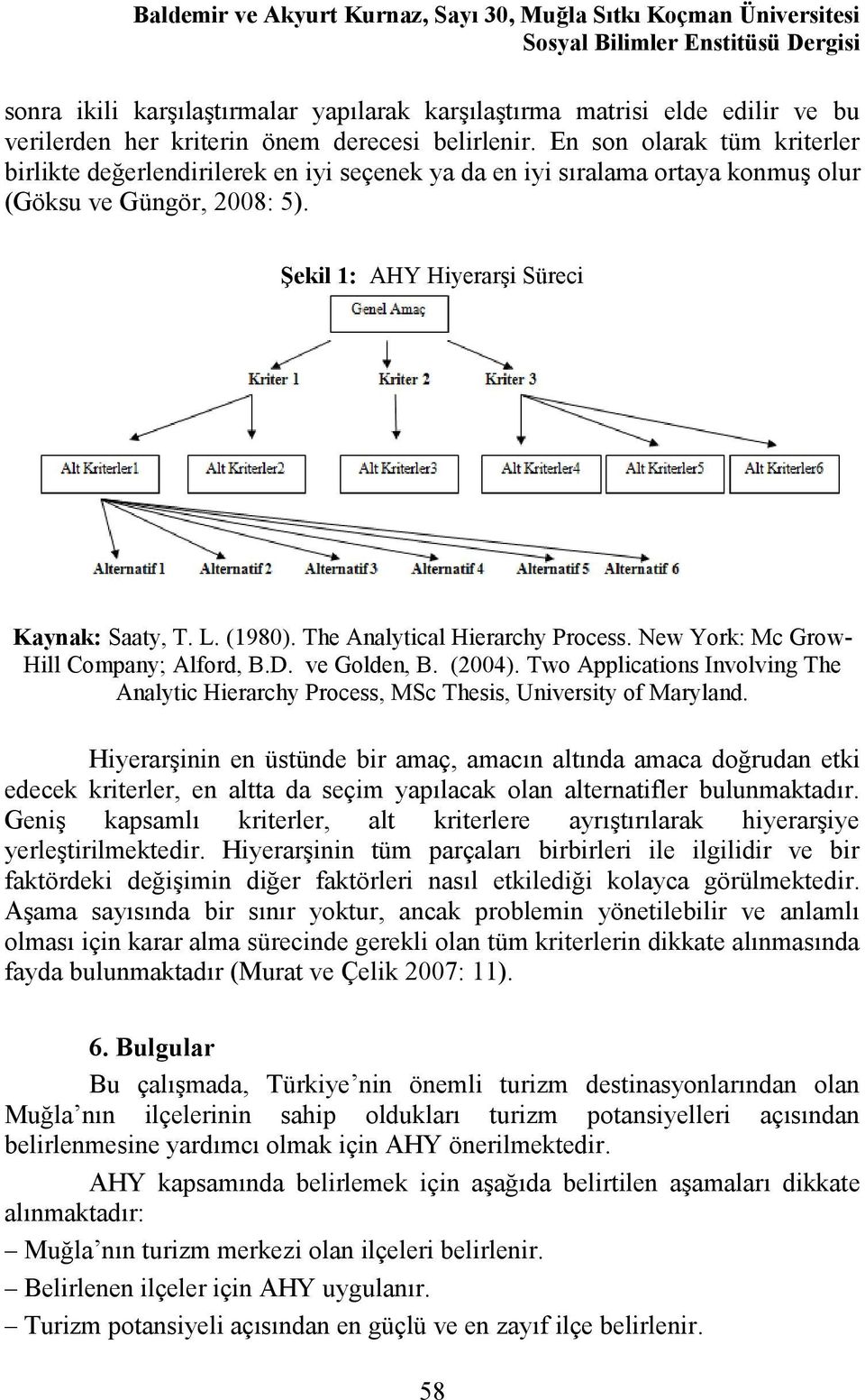 Şekil 1: AHY Hiyerarşi Süreci Kaynak: Saaty, T. L. (1980). The Analytical Hierarchy Process. New York: Mc Grow- Hill Company; Alford, B.D. ve Golden, B. (2004).