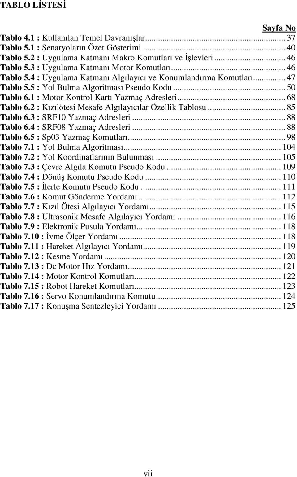 1 : Motor Kontrol Kartı Yazmaç Adresleri... 68 Tablo 6.2 : Kızılötesi Mesafe Algılayıcılar Özellik Tablosu... 85 Tablo 6.3 : SRF10 Yazmaç Adresleri... 88 Tablo 6.4 : SRF08 Yazmaç Adresleri.