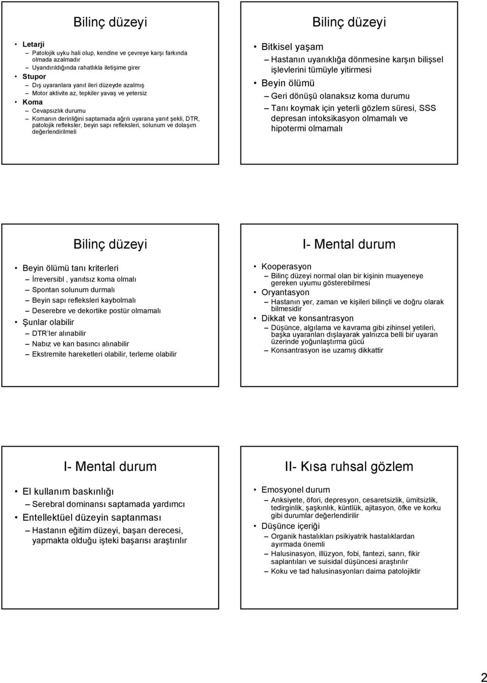 değerlendirilmeli Bilinç düzeyi Bitkisel yaşam Hastanın uyanıklığa dönmesine karşın bilişsel işlevlerini tümüyle yitirmesi Beyin ölümü Geri dönüşü olanaksız koma durumu Tanı koymak için yeterli