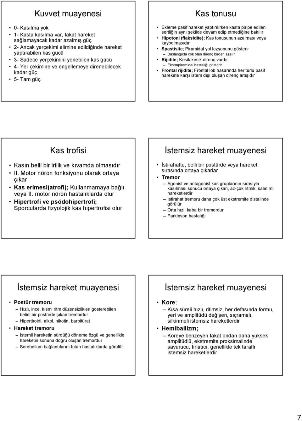 Hipotoni (flaksidite); Kas tonusunun azalması veya kaybolmasıdır Spastisite; Piramidal yol lezyonunu gösterir Başlangıçta çok olan direnç birden azalır Rijidite; Kesik kesik direnç vardır