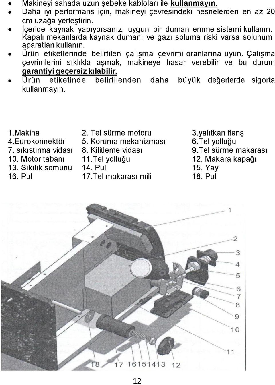 Ürün etiketlerinde belirtilen çalışma çevrimi oranlarına uyun. Çalışma çevrimlerini sıklıkla aşmak, makineye hasar verebilir ve bu durum garantiyi geçersiz kılabilir.