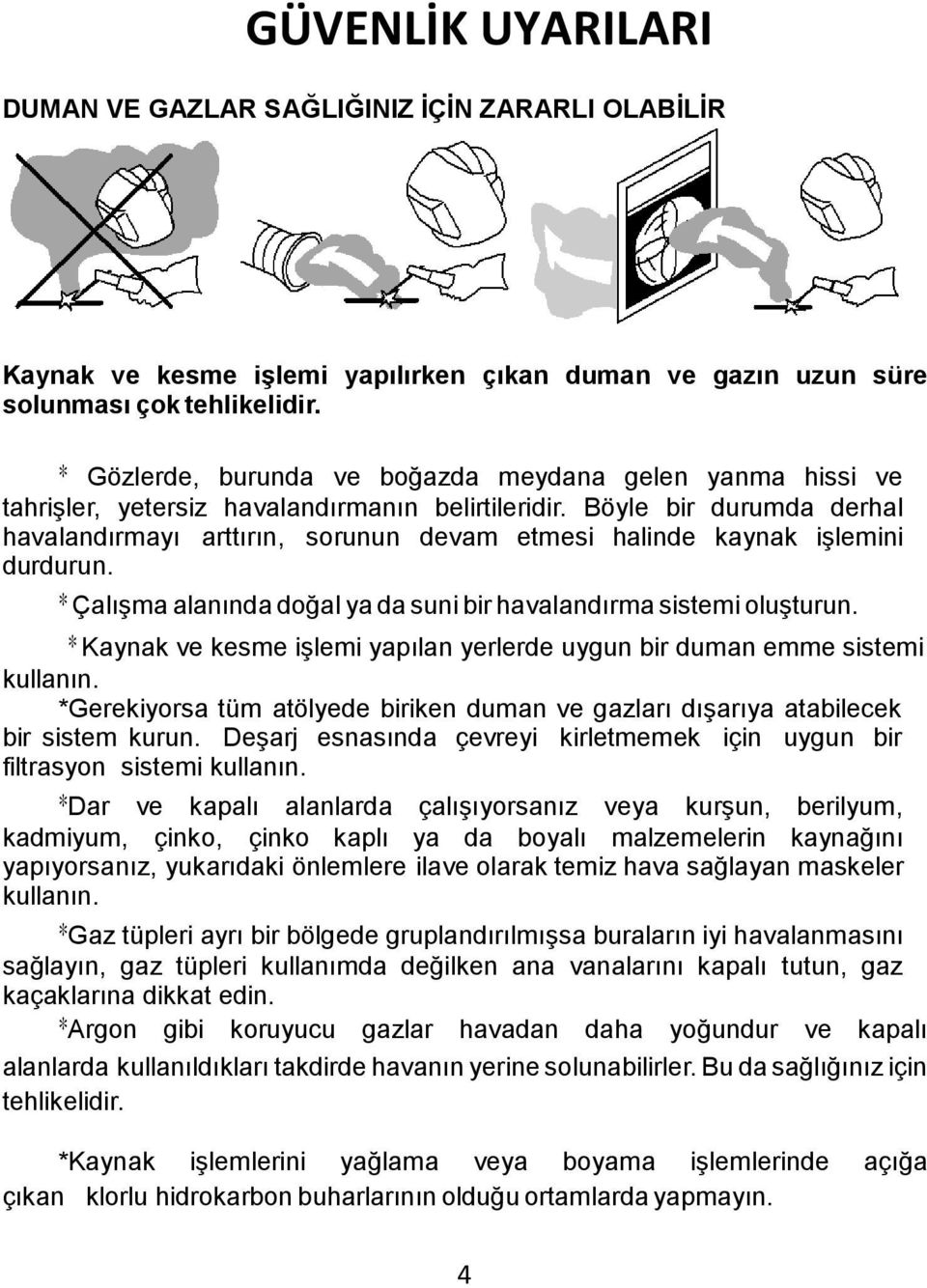 Böyle bir durumda derhal havalandırmayı arttırın, sorunun devam etmesi halinde kaynak işlemini durdurun. * Çalışma alanında doğal ya da suni bir havalandırma sistemi oluşturun.